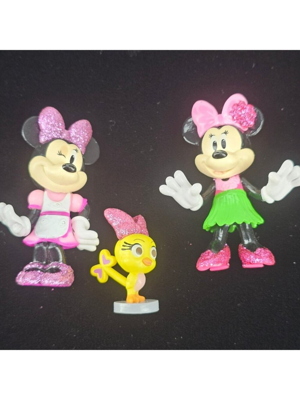Disney Minnie Mouse & Bird Figurines Glittered‎ Pink Green Set Of 3 Collectibles